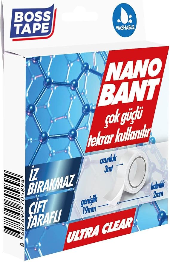 Boss Tape Tarafli Nano Bant, 19 mm x 3 mt Boyut, Seffaf Çift
