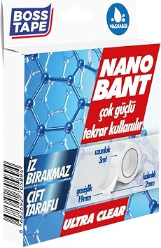 Boss Tape Tarafli Nano Bant, 19 mm x 3 mt Boyut, Seffaf Çift