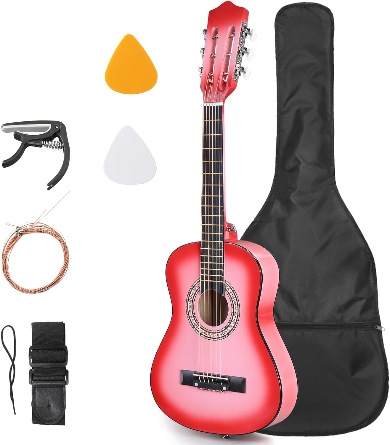Ktaxon 30" Acoustic Guitar for Beginner, 6 String Basswood Classical Guitars Starter Kit for Adults with Gig Bag, Strap, Picks, Capo (Pink)