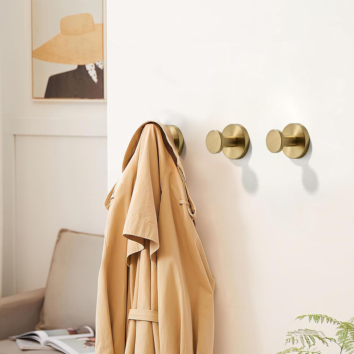5 Pack Vibrant Brushed Moderne Brass Round Robe Hooks, Wall Mounted Bathroom Towel Hook Coat Hooks, for Clothes Hats Towel Robes in Bathroom Bedroom