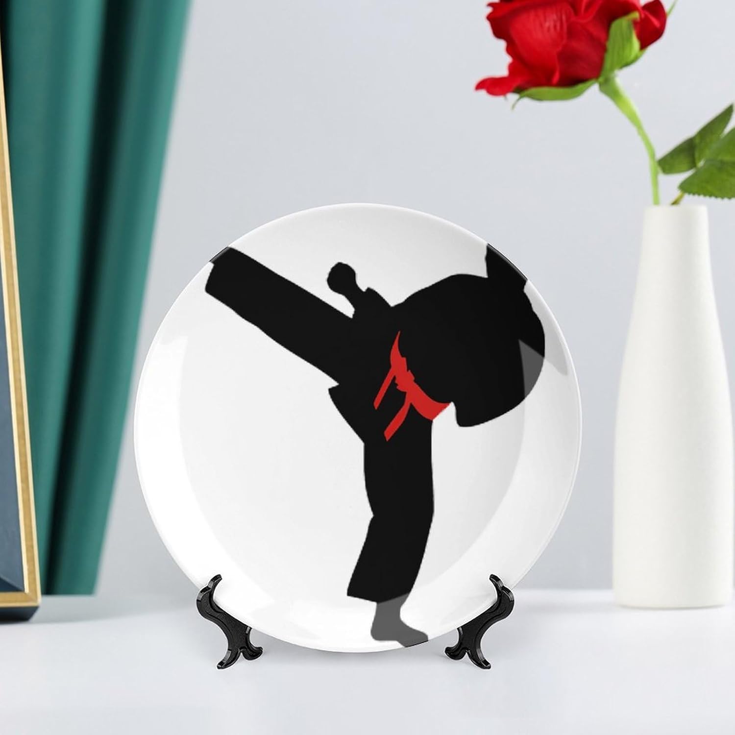 Karate Boy Changeable Belt Color Bone China Decorative Plate with Display Stand, Ceramic Ornaments Plate for Wall Hanging, Personalized Porcelain Plates for Office, Living Room 8inch
