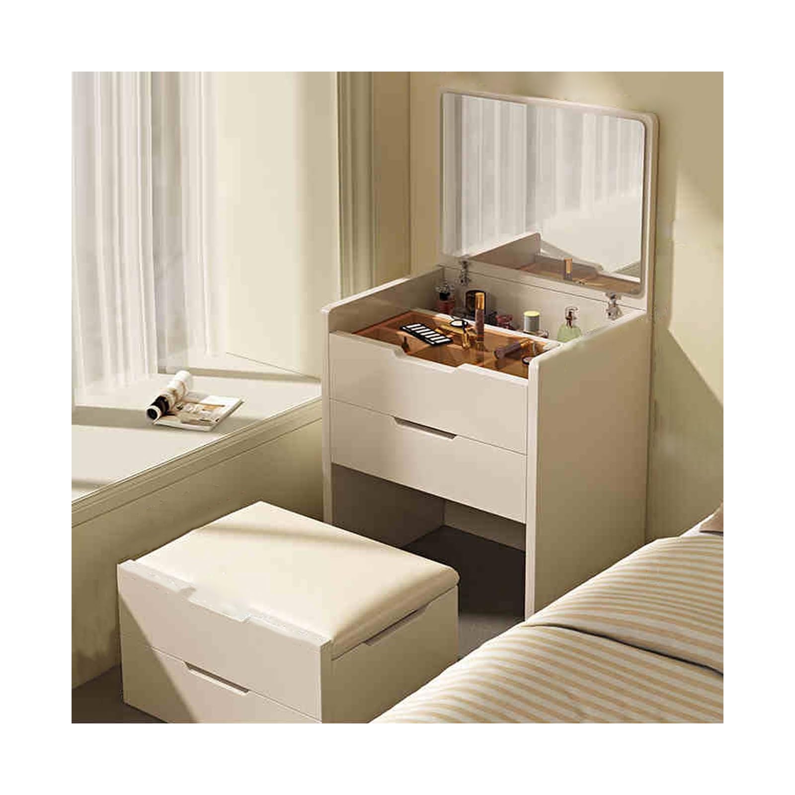 BKSXSOP Vanity Table with Mirror, Compact Dressing & Stool Set, Perfect for Bedroom Bathroom, Stylish Khaki Makeup Station (45CM Height)