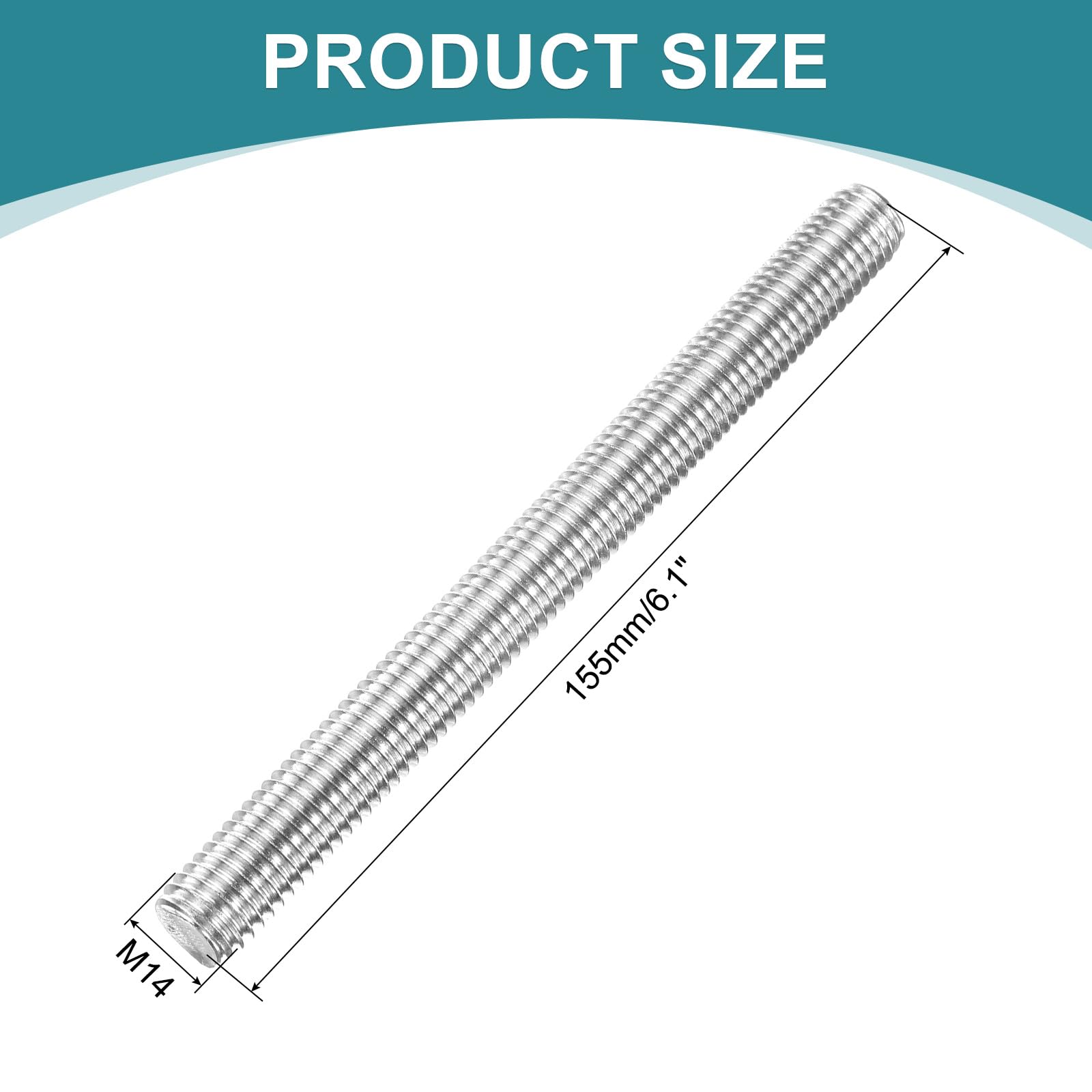 sourcing map 2 aste completamente filettate, M14 x 155 mm, in acciaio inox 201, filettatura destra, con dadi e rondella piatta, barra completamente borchiata per morsetti, ganci e cavallotti