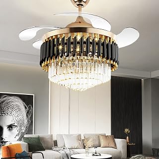 Chandelier Ceiling Fan with Remote Control 3 Speeds, 43 inch Luxury Crystal Fandelier Ceiling Fan with 3 Color Lights and Retractable Blade Fix for Dining/Living Room