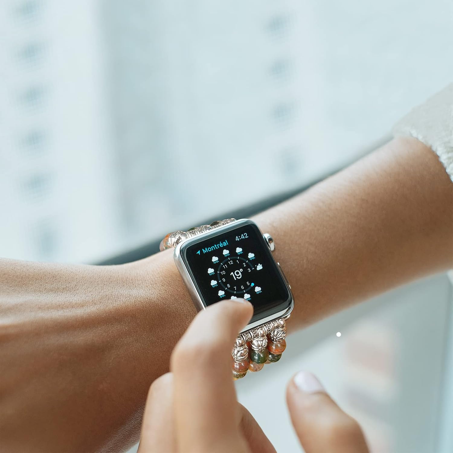 Compatible with Apple Watch Band 38mm 40mm 41mm 42mm 44mm 45mm 49mm, Natural Stone Crystal Beaded Apple Watch Bands for Women, Fashion Elastic Stretch Strap for iWatch Ultra SE Series 9 8 7 6 5 4 3 2 1