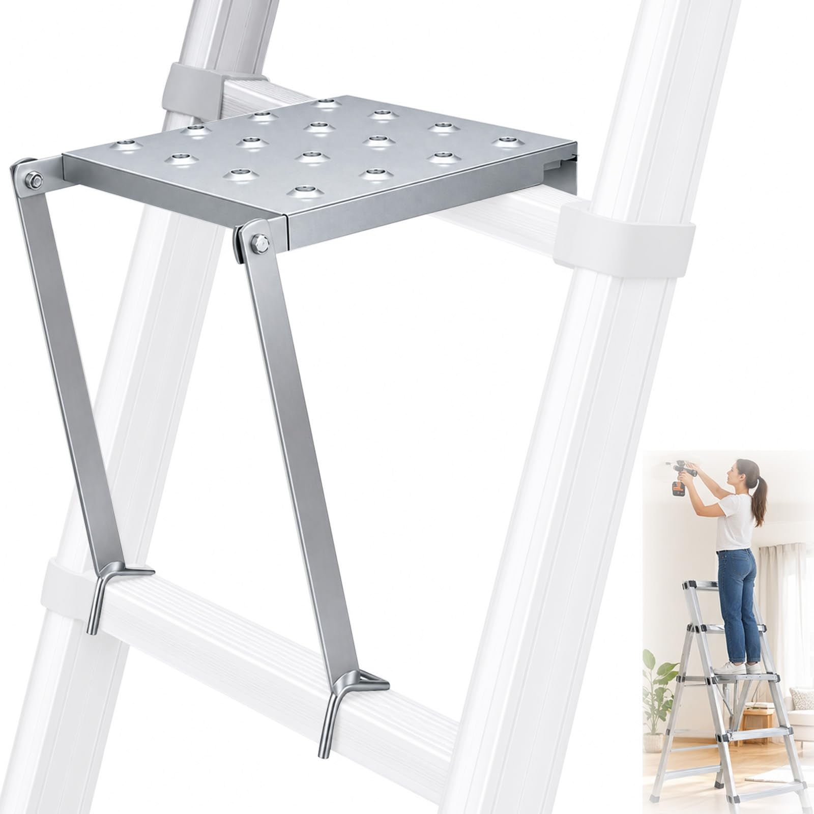 Piattaforma di lavoro sospesa, 150 kg, piattaforma di lavoro antiscivolo, piattaforma da appendere in acciaio zincato, scala accessorio per scale di appoggio, piattaforma, scala