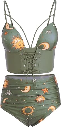 DRESSFO Womens High Waisted Bikini Sets Two Piece Padded Retro Vintage Tummy Control Swimsuit Gothic Bathing Suit