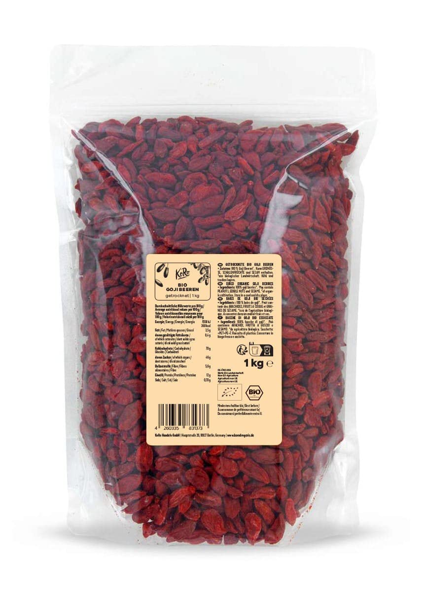 KoRo Baies de Goji Bio 1 kg – Super-aliment Naturel, Séchées Sans Additifs, Riches en Fibres et Protéines, Idéales pour Mueslis, Salades et Recettes