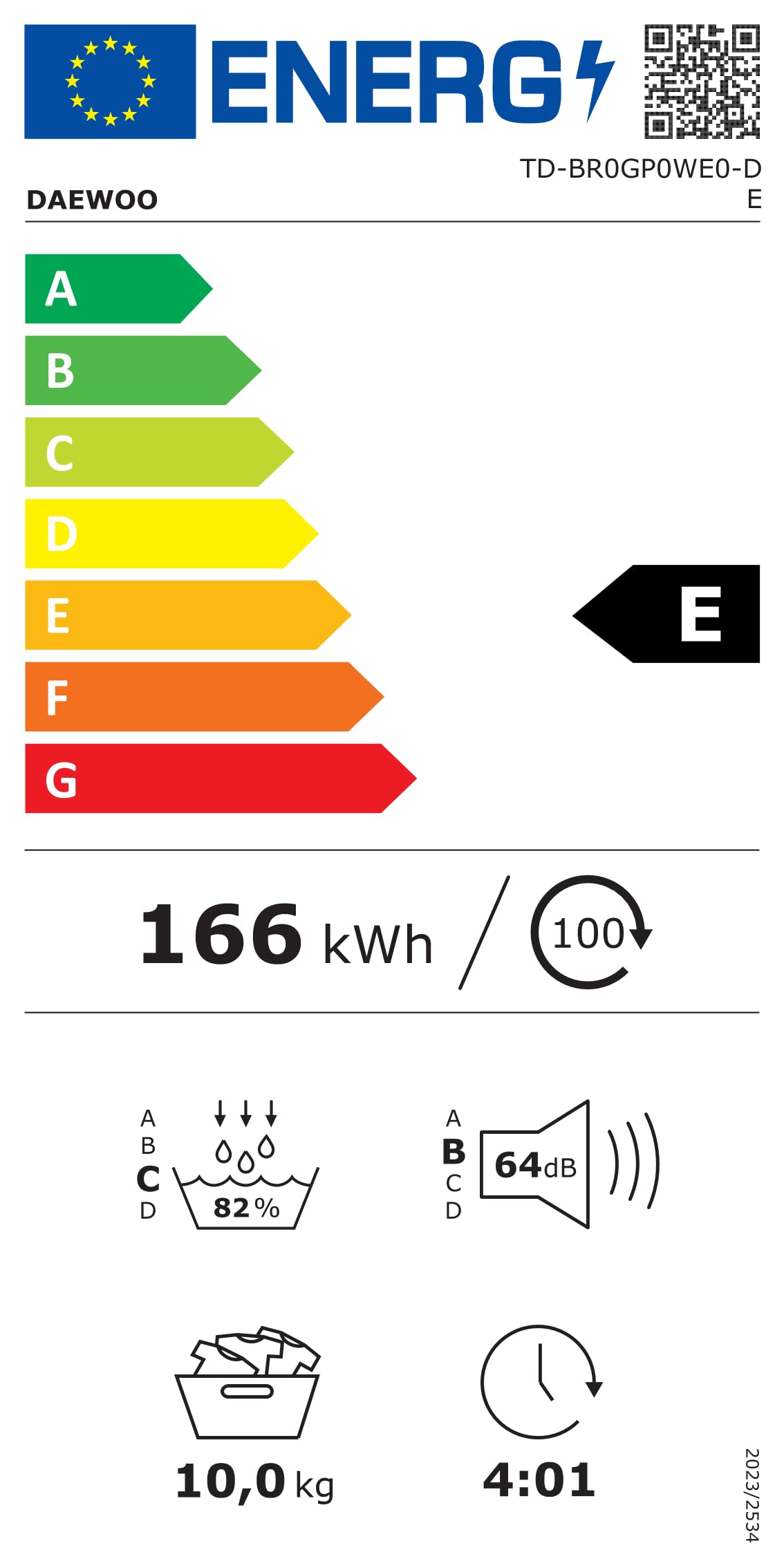 Daewoo TD-BR0GP0WE0-DE Wäschetrockner, 10kg, E, 15 Trockenprogramme inkl. 20-Minuten-Schnelltrockenprogramm, Weiß