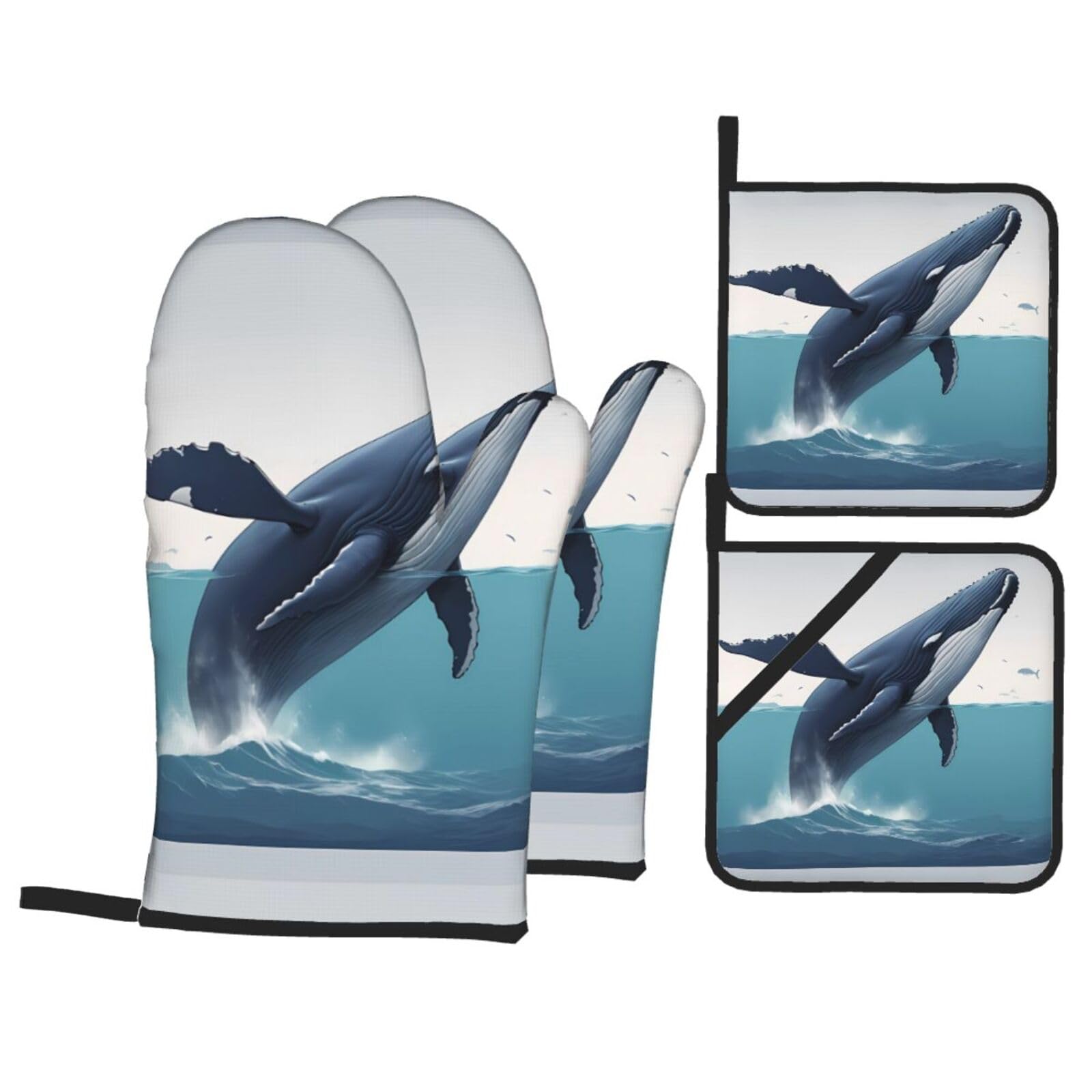 HJFCZH Pacific Ocean Whale Picture Kitchen Baking Set of 4 Thick Insulated Oven Mitt & Pot Holders, Anti-Scalding for Microwave, Oven, Outdoor BBQ