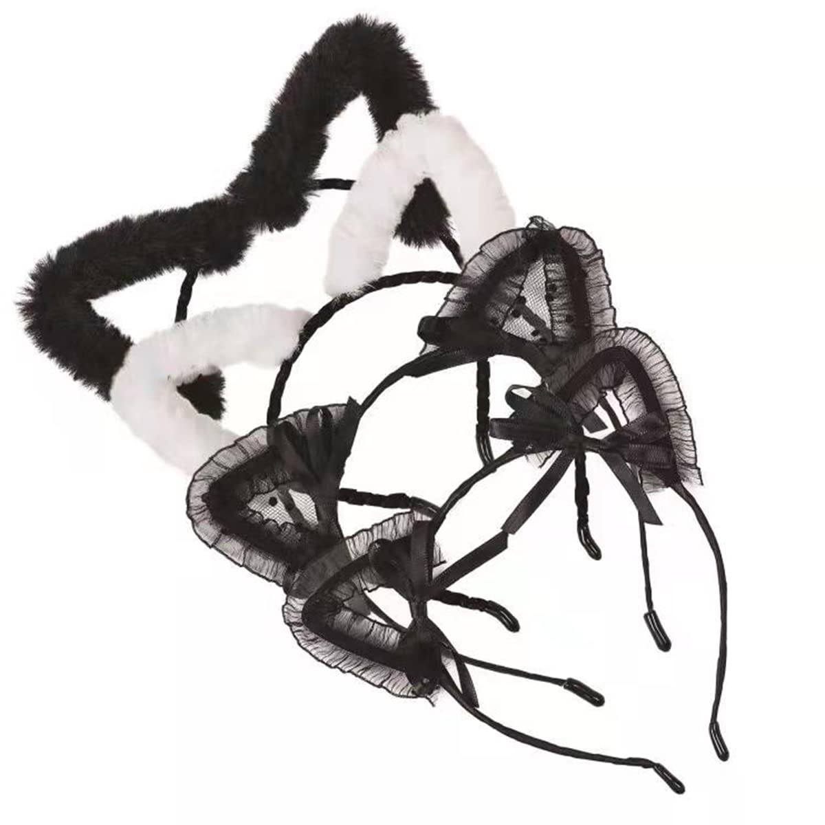 Manshui 4 Pcs Furry Cat Ears Headband for Girls, Lace Cat Ears Headband Cosplay Costume Hair Accessories for Women (Cat Ears 4)