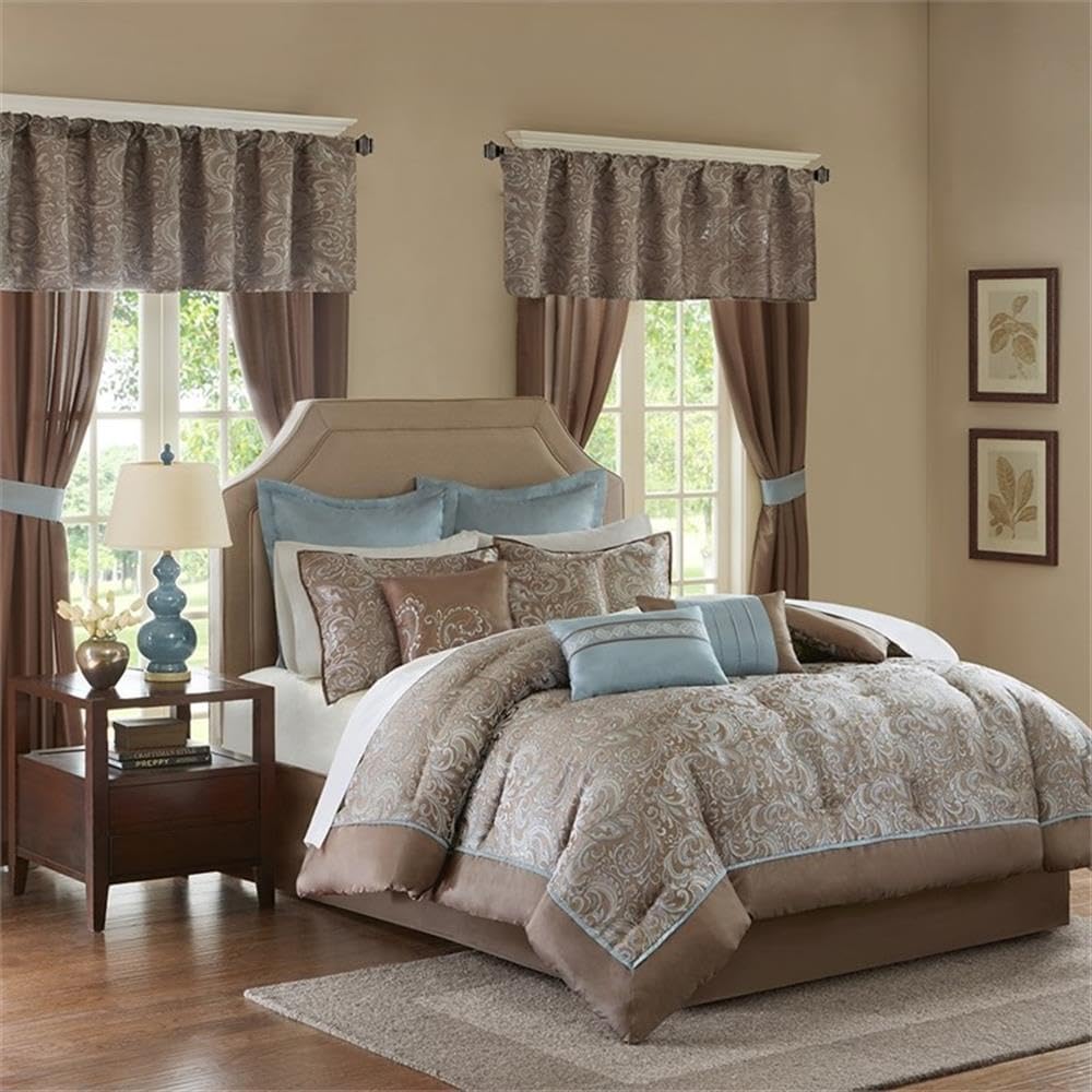 Pemberly Row 24 Piece Bedroom Set in a Bag, Blue and Taupe Jacquard Comforter, Microfiber Sheets, Curtains, Decorative Pillows, Polyester Fill, Machine Washable, Elegant Comfort for Serene Bedroom