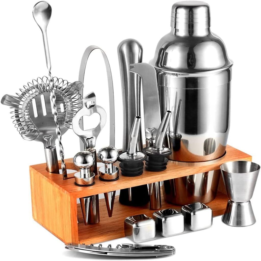 Wooden Frame Shaker Set Mixologist Glass Complete of 17 Pieces of Ice Tartar