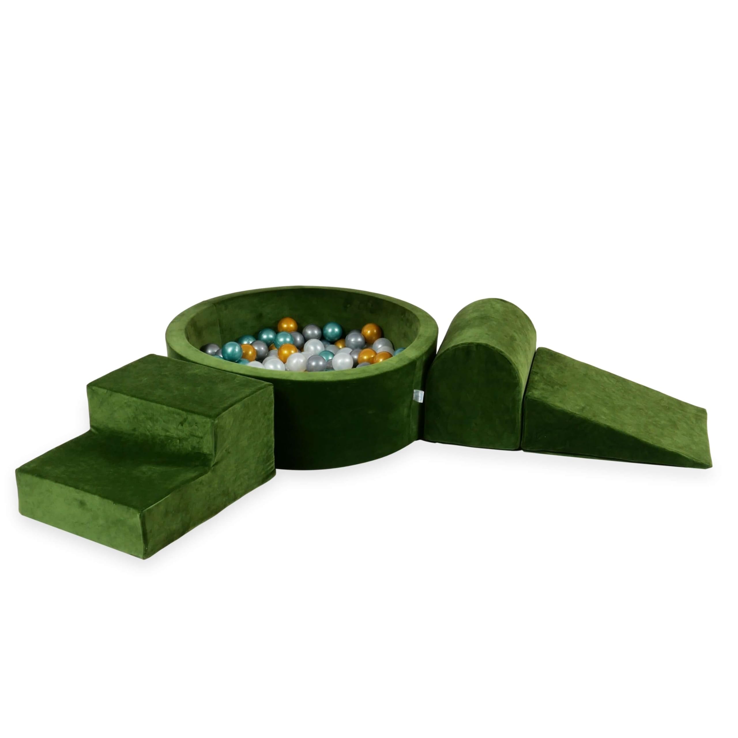 Mimii Parco giochi in schiuma con vasca con palline Velvet Soft Olive (200 palline: perla/argento/oro/turchese metallizzato), grandi mattoncini da costruzione per gattonare e arrampicare, morbidi
