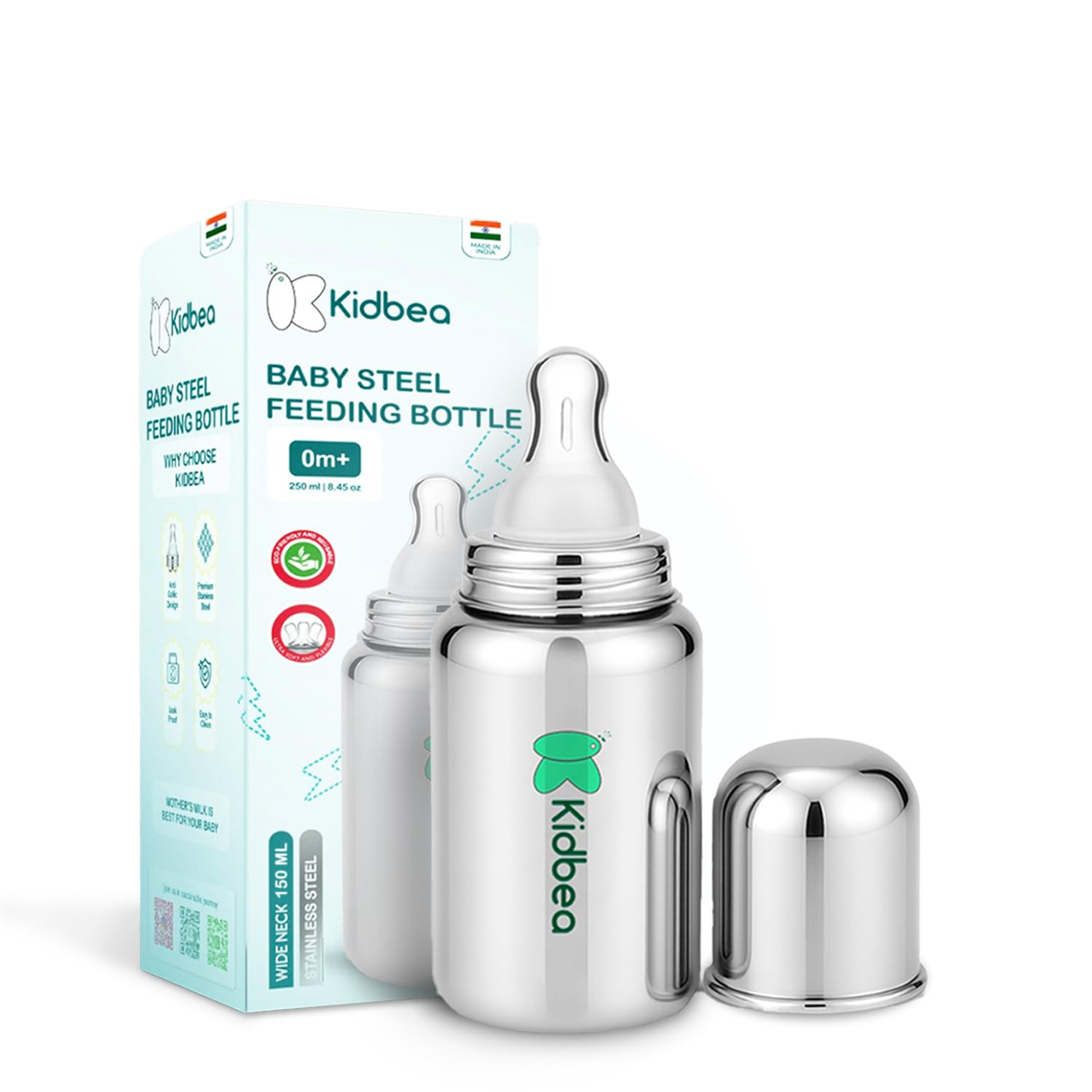 Kidbea Baby Steel Feeding Bottle 150ml | Baby Milk Bottle with Advanced Anti Colic Valve, BPA Free, Soft Silicone Nipple, Wide Neck for Newborn & Infant
