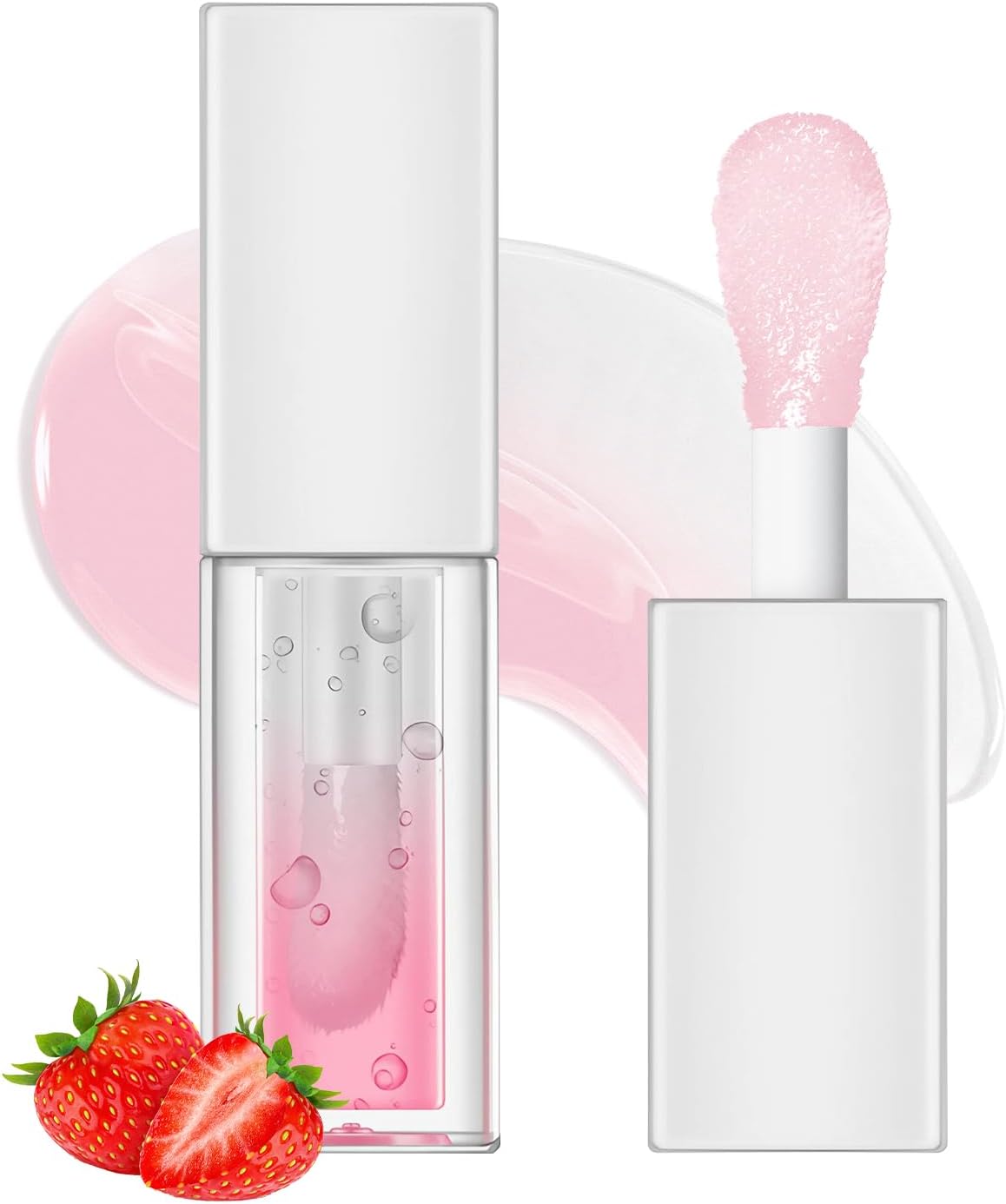 Prreal Lip Glow Oil Moisturizing Lip Gloss, Plumping Lip Oil met Big Head Blush, Gradient Fruit Lipoil with Two Color, Lip Tint Lip Plumper for Dry Lip,Water Hydrating Lipstick (Clear + Strawberry)