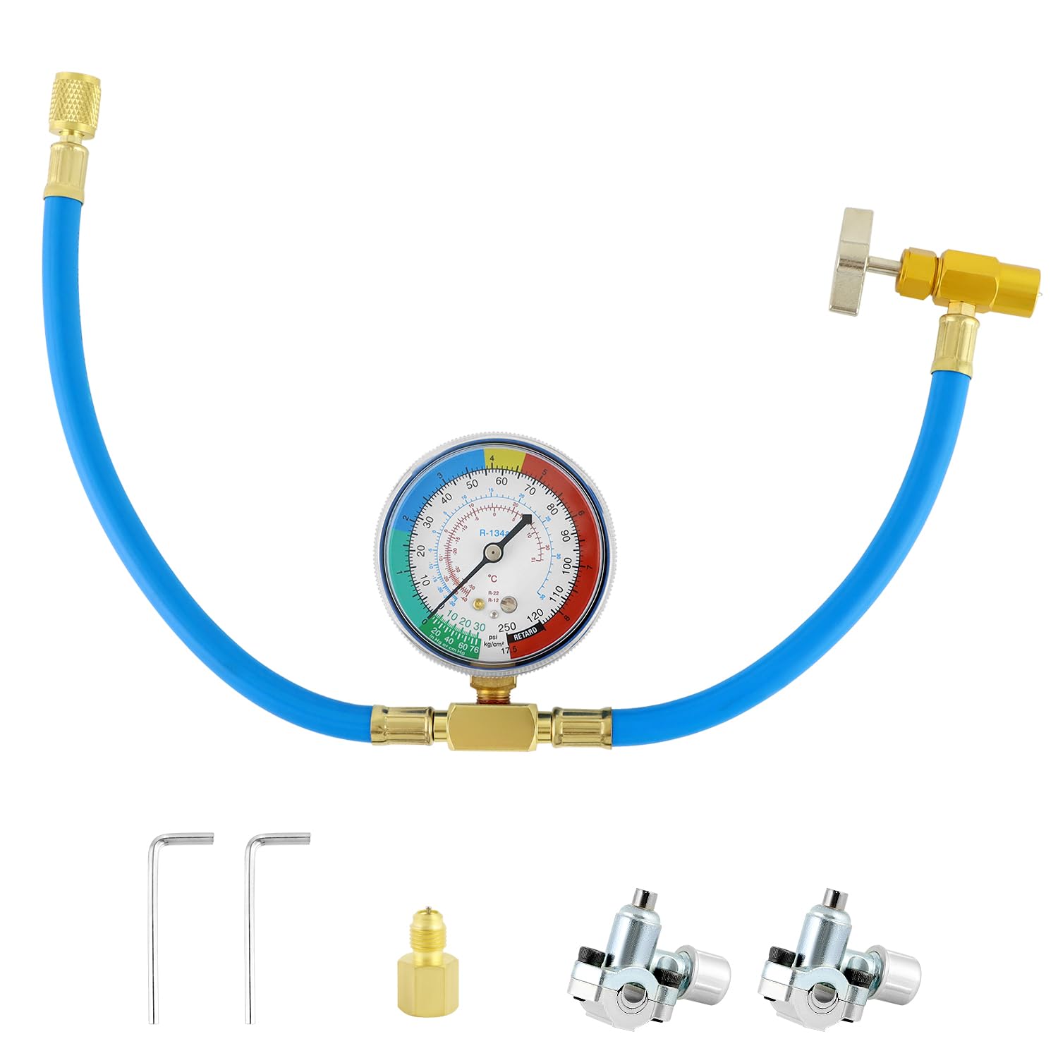 QWORK R134A Refrigerator Service Hose Kit with Gauge, Piercing Valve &amp; Self-Sealing Adapter - No Refrigerant Included