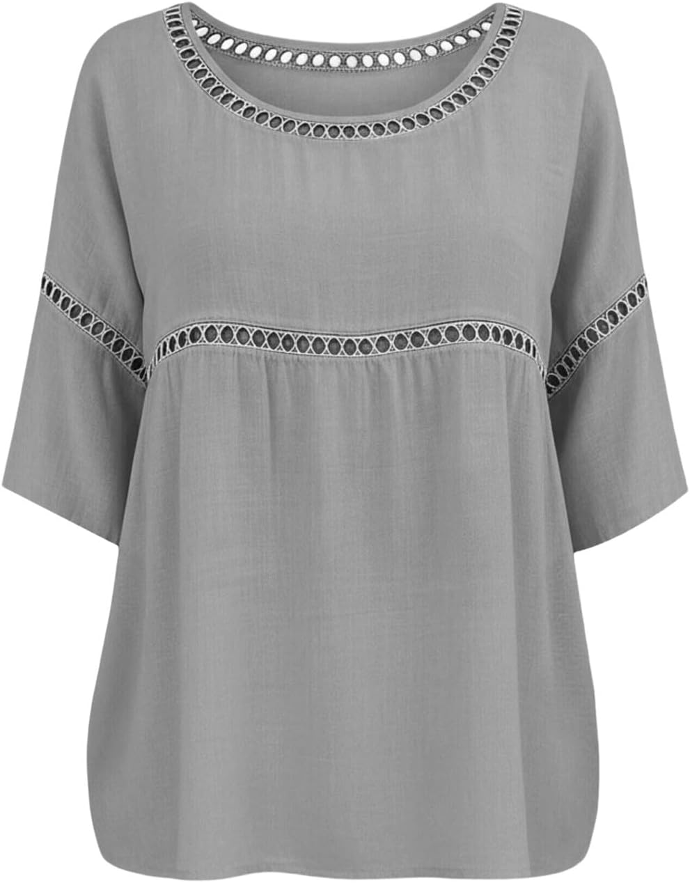 3/4 Sleeve Length Tops for Women Lace Patch Casual Dressy Blouses Vintage T Shirts Round Neck Loose Fit Tunic