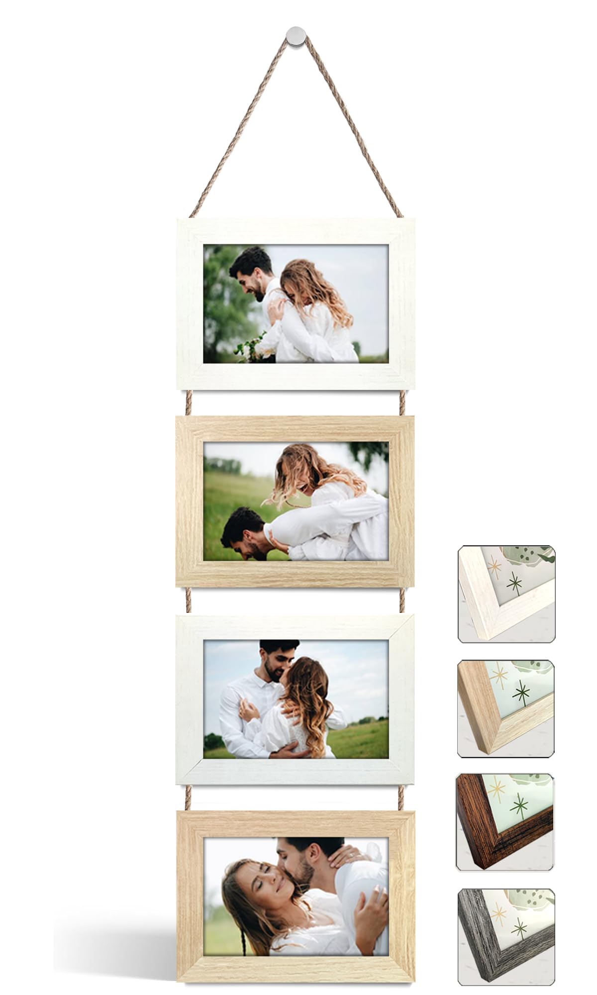 NEOWS Bilderrahmen Collage für Mehrere Bilder - Dekorative Bilderrahmenset zum Aufhängen an der Wand - Mehrfach Fotorahmen Hochformat mit Schnur für 10x15 Fotos (Weiß und Eiche, 4 Horizontale Fotos)