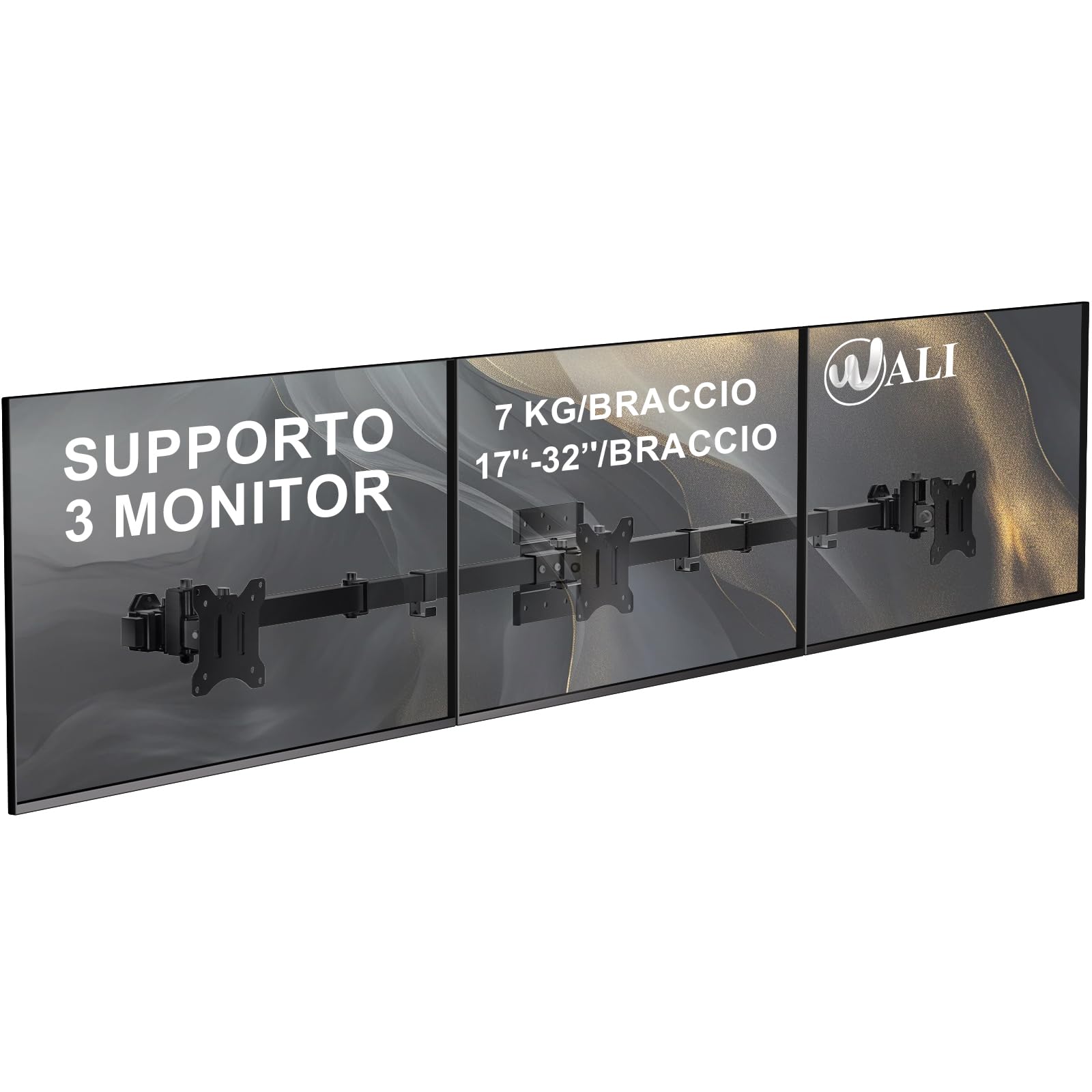 WALI Supporto da parete triplo per monitor da 17 a 32 pollici, braccio per monitor del computer per 3 schermi, supporto girevole e inclinabile con fori di montaggio 75 x 75/100 x 100 mm, per braccio
