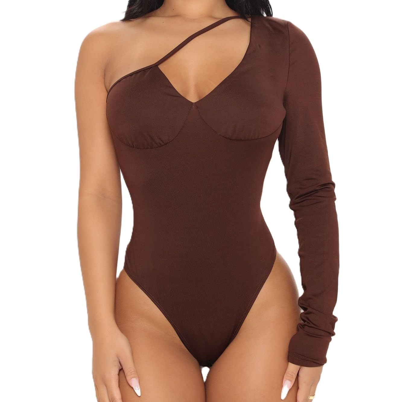 chocolate brown, one-sleeve asymmetric bodysuit Top chocolate brown color-image-47