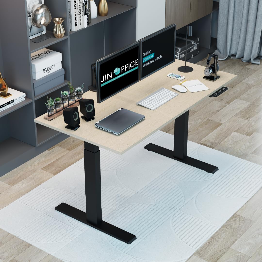 JIN OFFICE Titan Premium Dual Motor 3-Stage Electric Height Adjustable Desk| Sit Stand Table for Home| Standing Desk with 125Kg Wt. Cap, 3 Year Warranty| 3 Memory Presets| Black & Maple| 1500 * 750mm