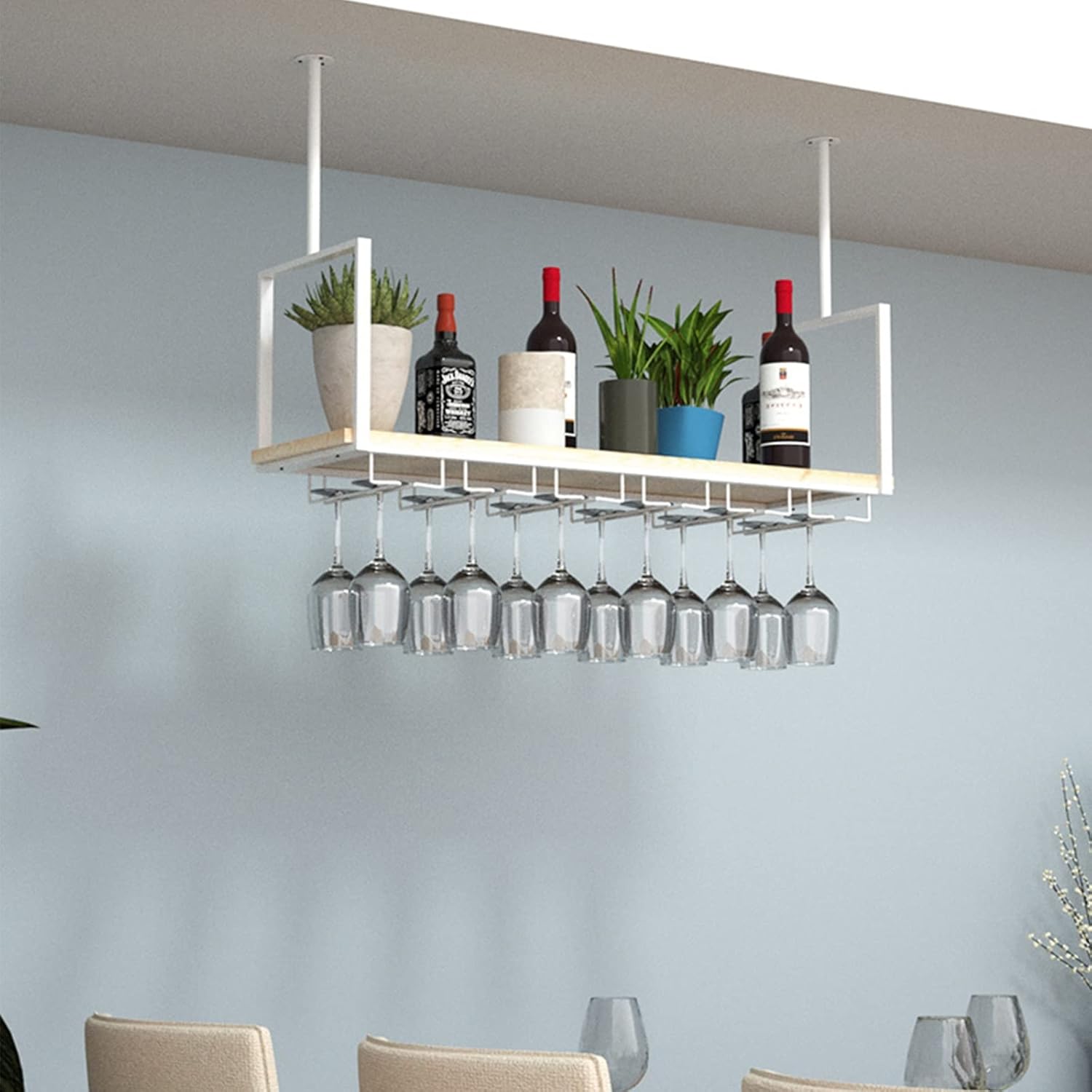 Hanging Shelf Ceiling Wine Rack/Hanging Rack Combination, Loft Modern Wine Glass Rack, with Fence Design to Prevent Items from Falling Home Decoration