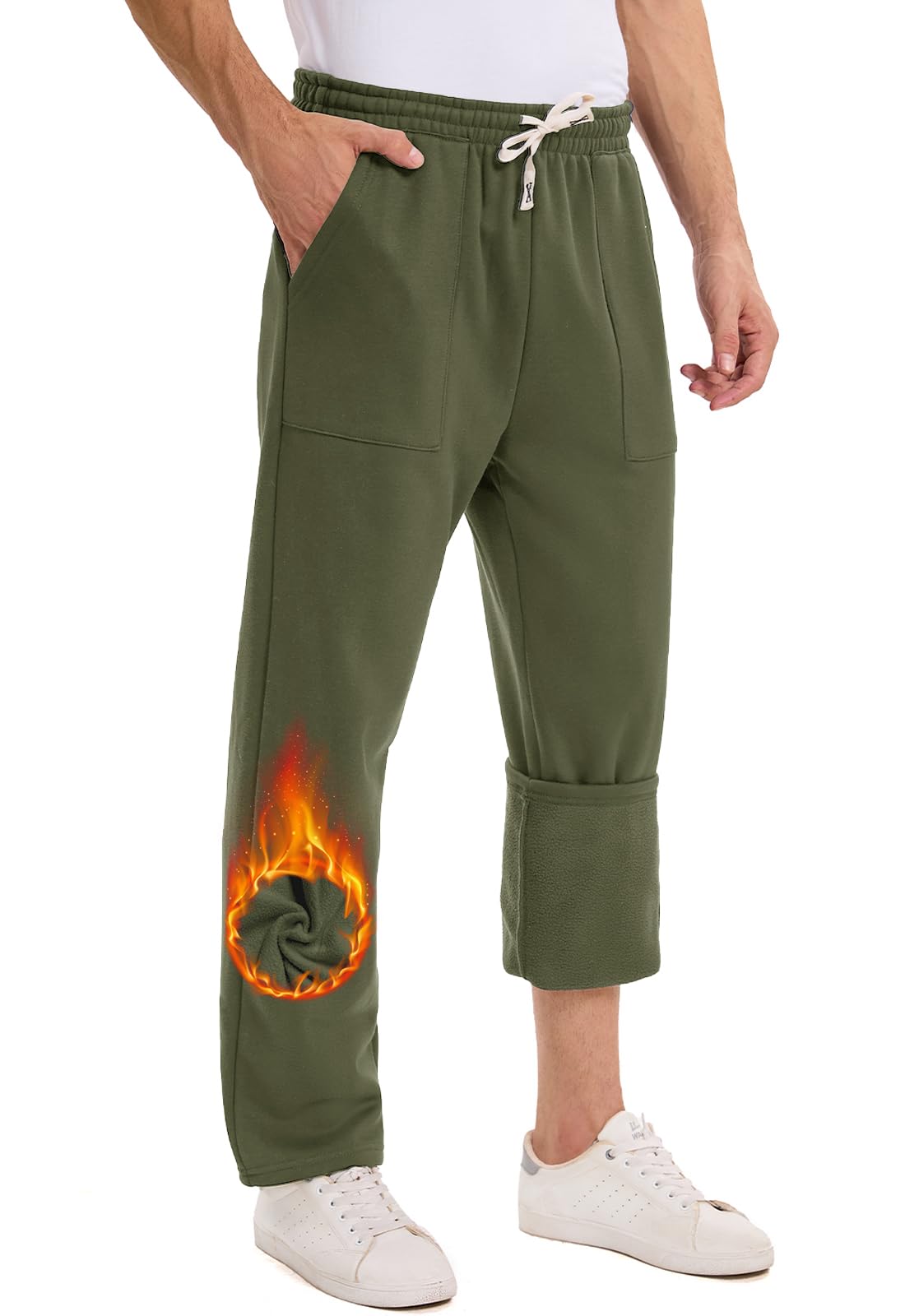 Mens Winter Fleece Lined Sweatpants Straight Leg Open Bottom Jogger Sweat Pants with Pockets