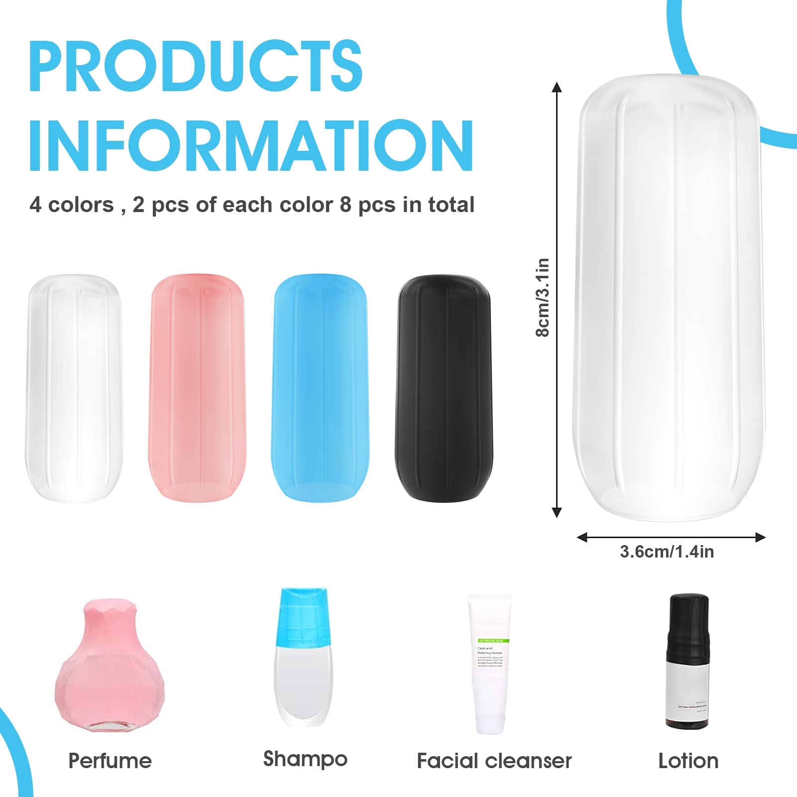 8 Copribottiglie Elastiche Da Viaggio In Silicone, A Prova Di Perdite, 8x3,6 Cm, Per Shampoo, Lozioni E Cosmetici - 2