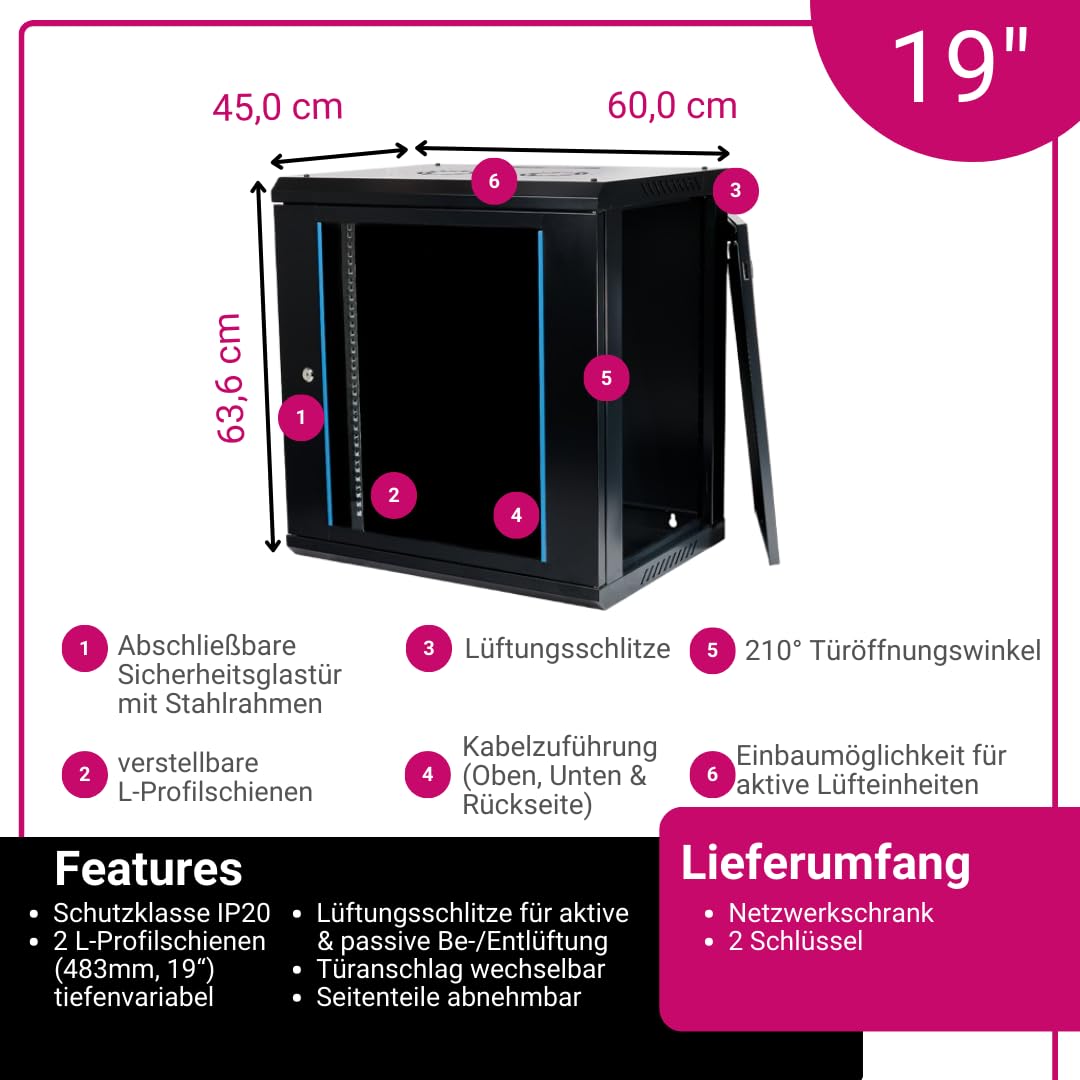 Netzwerkschrank 19 Zoll 12HE I 450 mm Tiefe I Serverschrank Schwarz I Wandmontage I abschließbare Glastür I voll montiert I 100 kg Traglast I 600×450×636 mm (Schwarz - 45cm, 12HE)