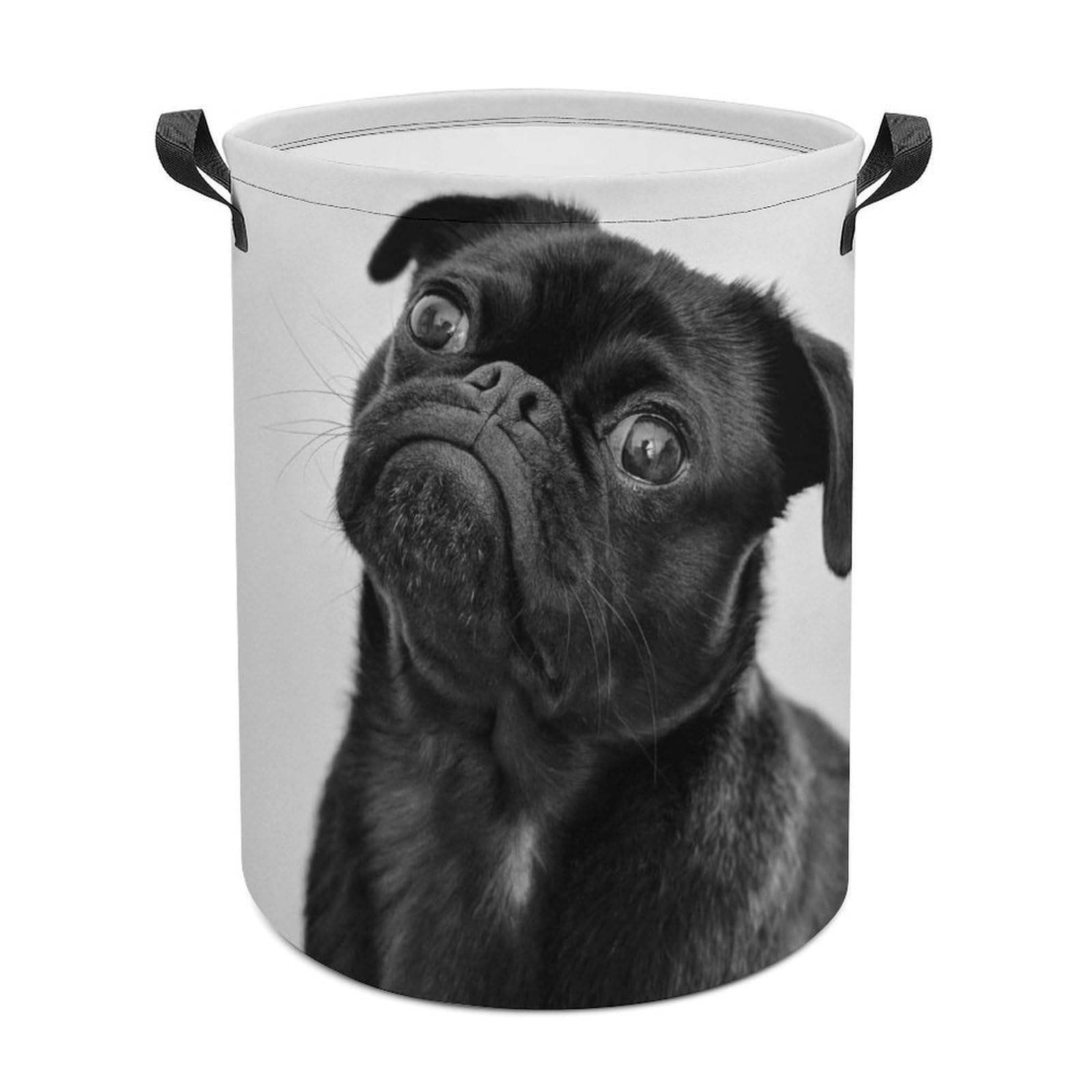 MHYRAC Laundry Hamper, Cute Black Pug Dog Laundry Basket, Washing Basket with Handle