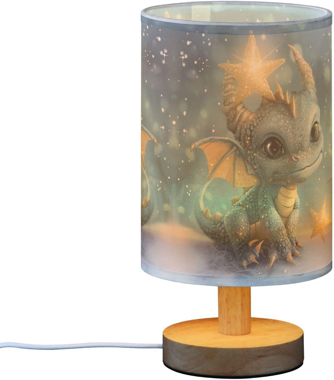 Table Lamp Watercolor Dragon Baby Animal Nightstand Lamp with Wood Base Fabric Lamp Shade Bedside Desk Lamp for Living Room Bedroom Kids Room Office