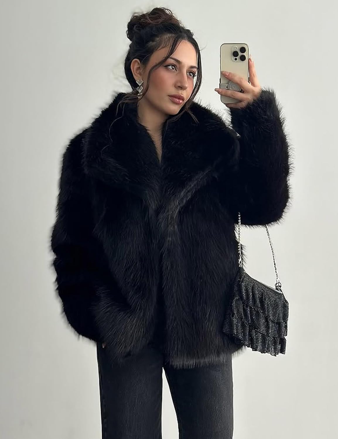 Flygo Women's Faux Fur Coat Fluffy Faux Fur Jacket Long Sleeve Lapel Furry Winter Jackets Shaggy Parka Short Coat - Image 3