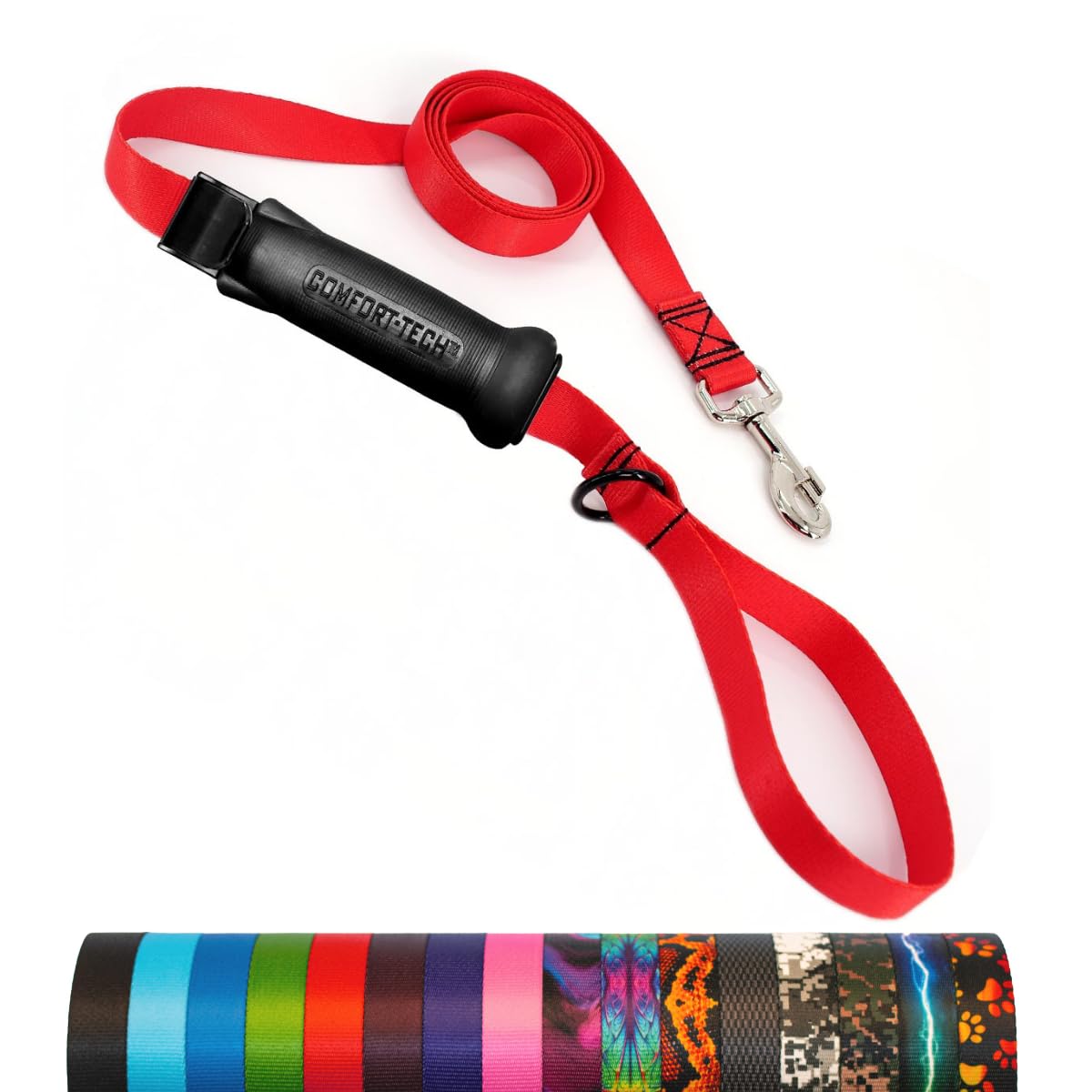 Comfort-TechTugEase Dog Leash w/Sliding, Locking, Soft Touch, Comfort Grip Handle, 6' x 1" Red