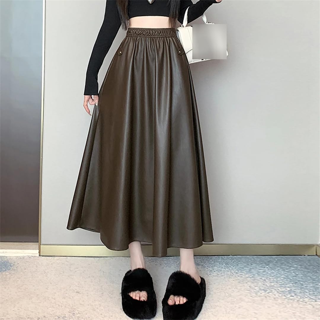 Wjnvfioo Faldas largas de cuero sintético de una línea de moda para mujer, otoño, invierno, cintura alta, elástica, acampanada, plisada, casual, faldas