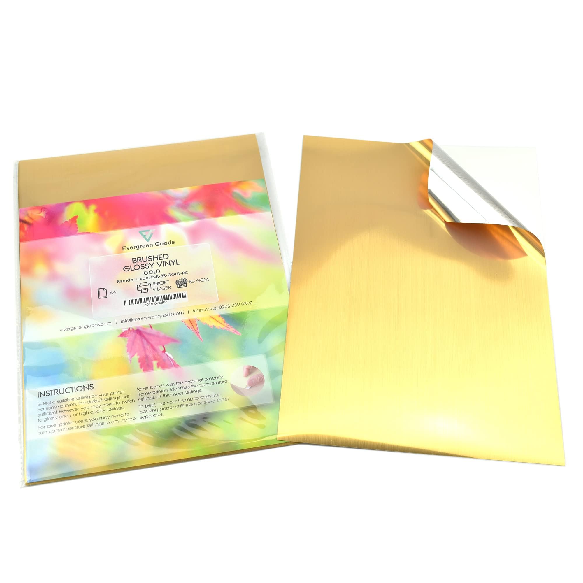 Evergreen Goods 10 Sheets A4 Self Adhesive Brushed Gold Sticker Vinyl, Inkjet & Laser Printable | Waterproof & Sticky Back | Suitable for Cricut, Silhouette & Other Cutters | Sticker Label Making