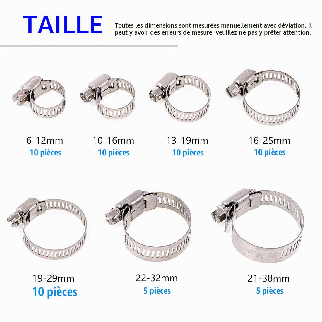 Swpeet 60Pcs assorties de tailles Kit de brides de tuyau, 304 acier inoxydable réglable 6-38mm gamme vis à vis pince de tuyau parfait pour la plomberie, automobile et Applications mécaniques