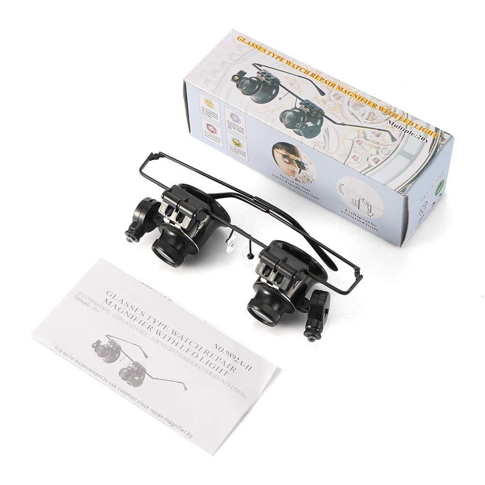 Lente di Ingrandimento per Occhiali da Lettura con Testa Illuminata 20X, Tipo LED, Binoculare, Lente di Ingrandimento per Riparazione Orologi