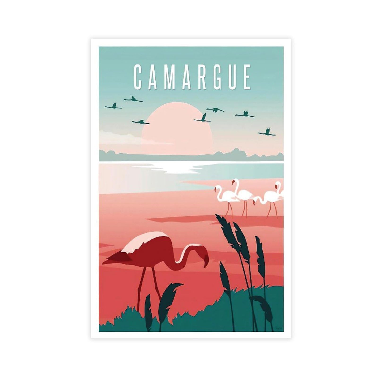 QNVJQKDSI Camargue Flamingo Sunset Travel Vintage Canvas Poster Bedroom Decor Landscape Office Room Decor Gift 20" L X 30" W