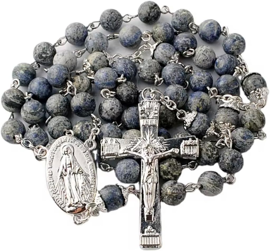 Blessed Catholic Rosary with Blue Dumortierite Stone Beads, Silver Crucifix and Miracle Medal, Religious Prayer Beads