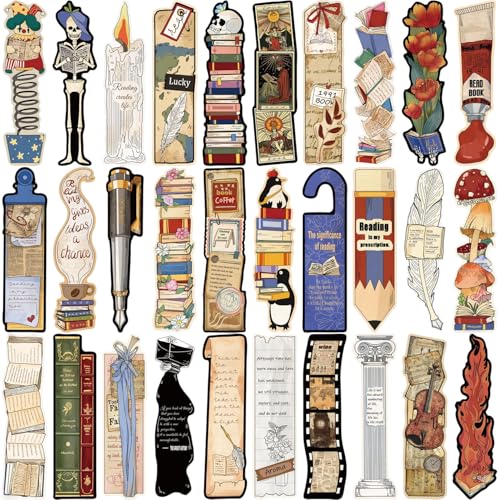 30 Pcs Paper Bookmarks for Book Lovers, Vintage Reading Themed Bookmark Set, Creative Bookmarks Aesthetic Book Accessories Gifts for Book Friends (1.57 x 5.91Inch)