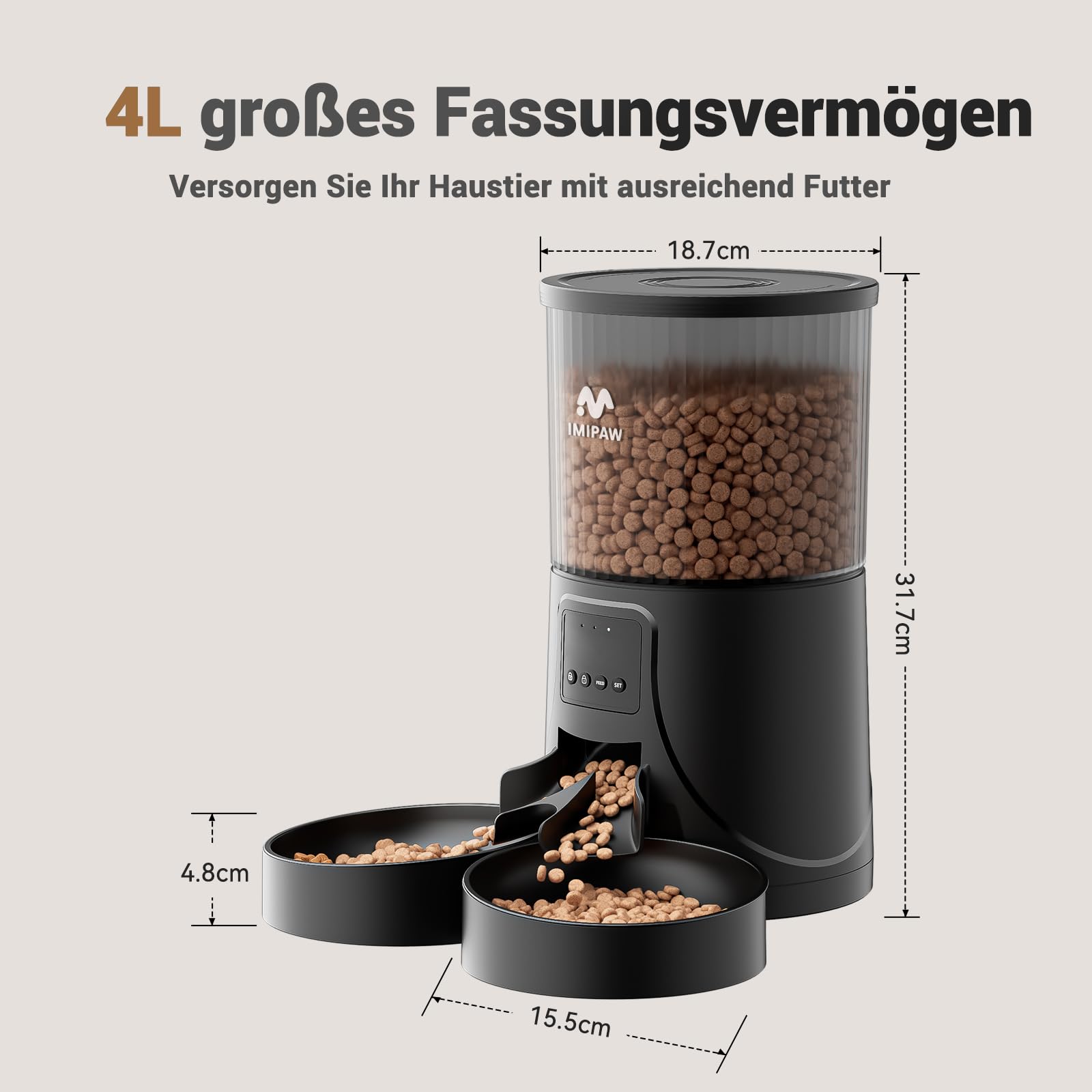 IMIPAW Distributore Automatico Cibo Gatti con 2 Ciotole, 4L Dispenser Cibo Cani, Controllato da APP, 2.4G WiFi Alimentazione a Distanza, 10 Pasti al Giorno, per Animali Di Piccola e Media Taglia