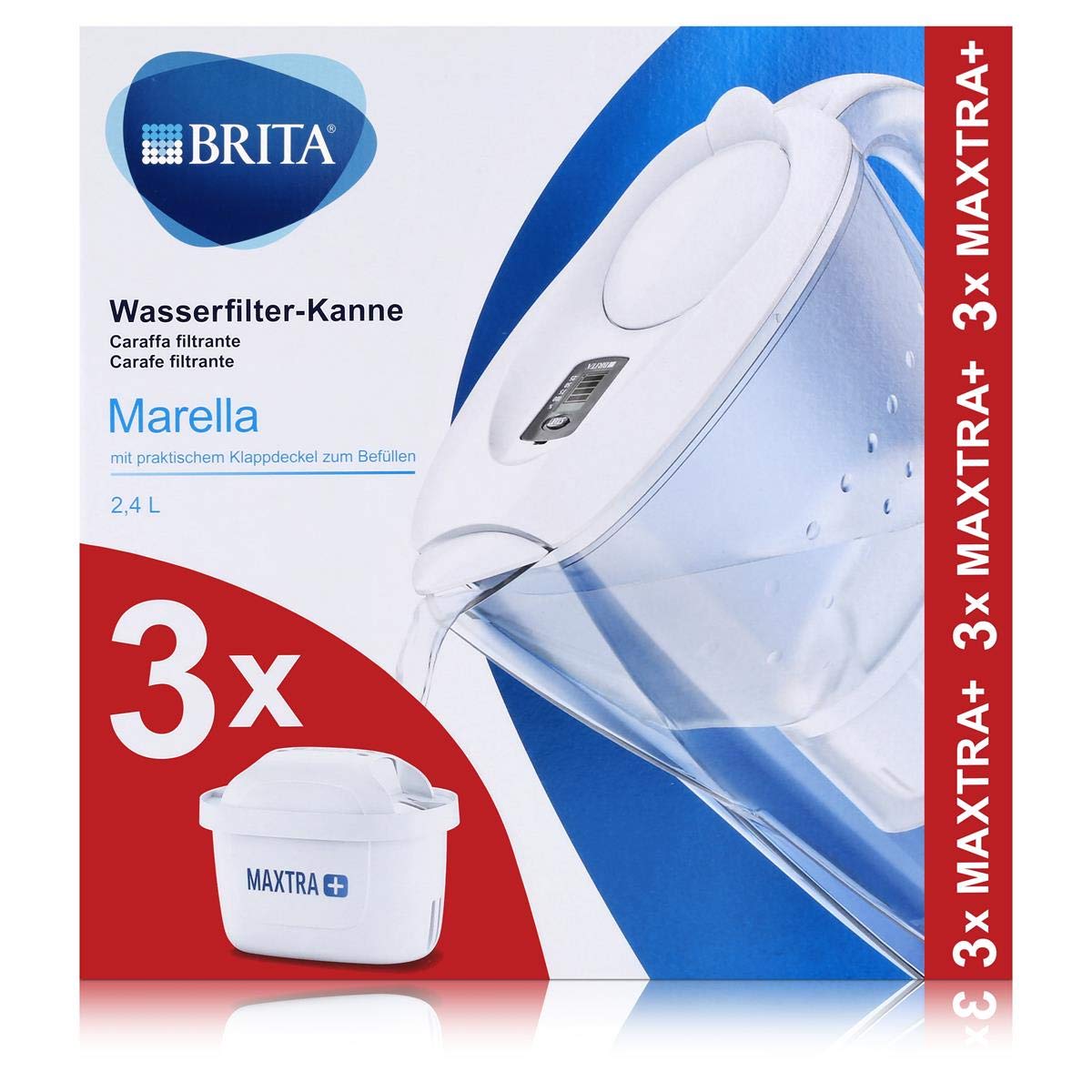 BRITA Caraffa Filtrante Marella per acqua, Bianco (2.4l) - incl. 3 Filtri MAXTRA+ per la riduzione di cloro, calcare e impurità