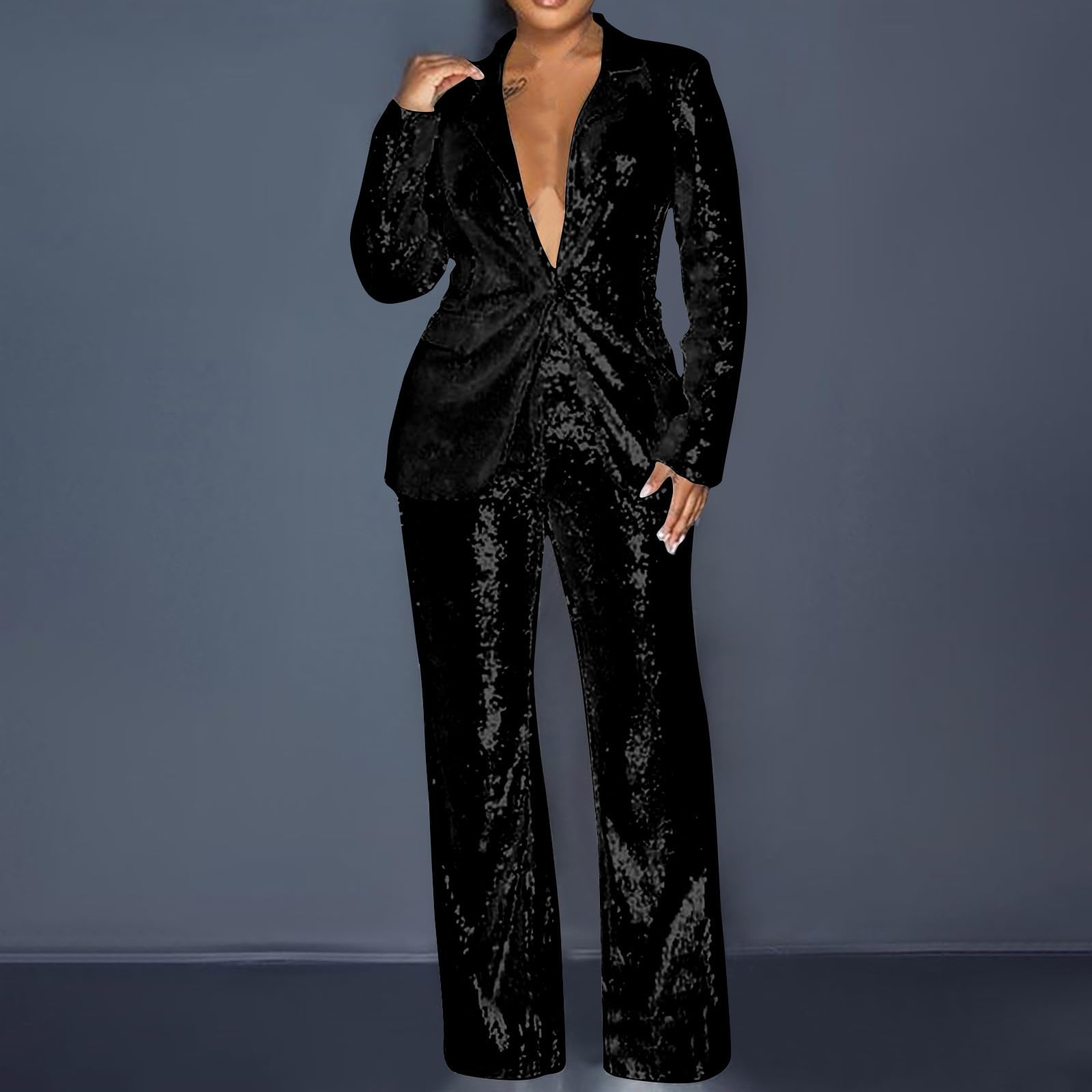 Hosenanzug Damen Festlich Elegant Curvy Pailletten Anzug Zweiteiliger Blazer und Hose Business Hosenanzüge für Frauen Slim Fit Streetwear Damenanzug 2 Stück Set Festlich Pailletten Sets Freizeitanzug