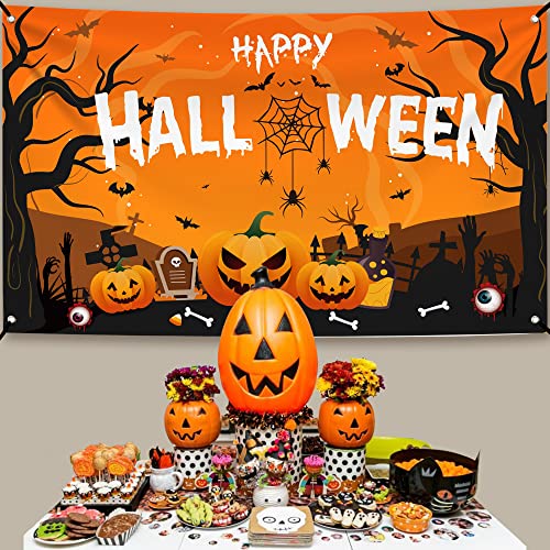 Katchon, Scary Happy Halloween Banner - Xtralarge, 72X44 Inch | Spooky Pumpkin Halloween Backdrop, Orange Halloween Banners For Outside | Halloween Pumpkin Banner For Halloween Decorations Outdoor #TOP6