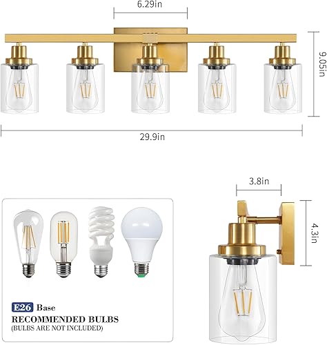 Miniatura 84 de Lámpara de tocador de baño, 4 luces, moderna lámpara de pared dorada mate con pantalla de vidrio transparente, luces de pared negras, lámparas