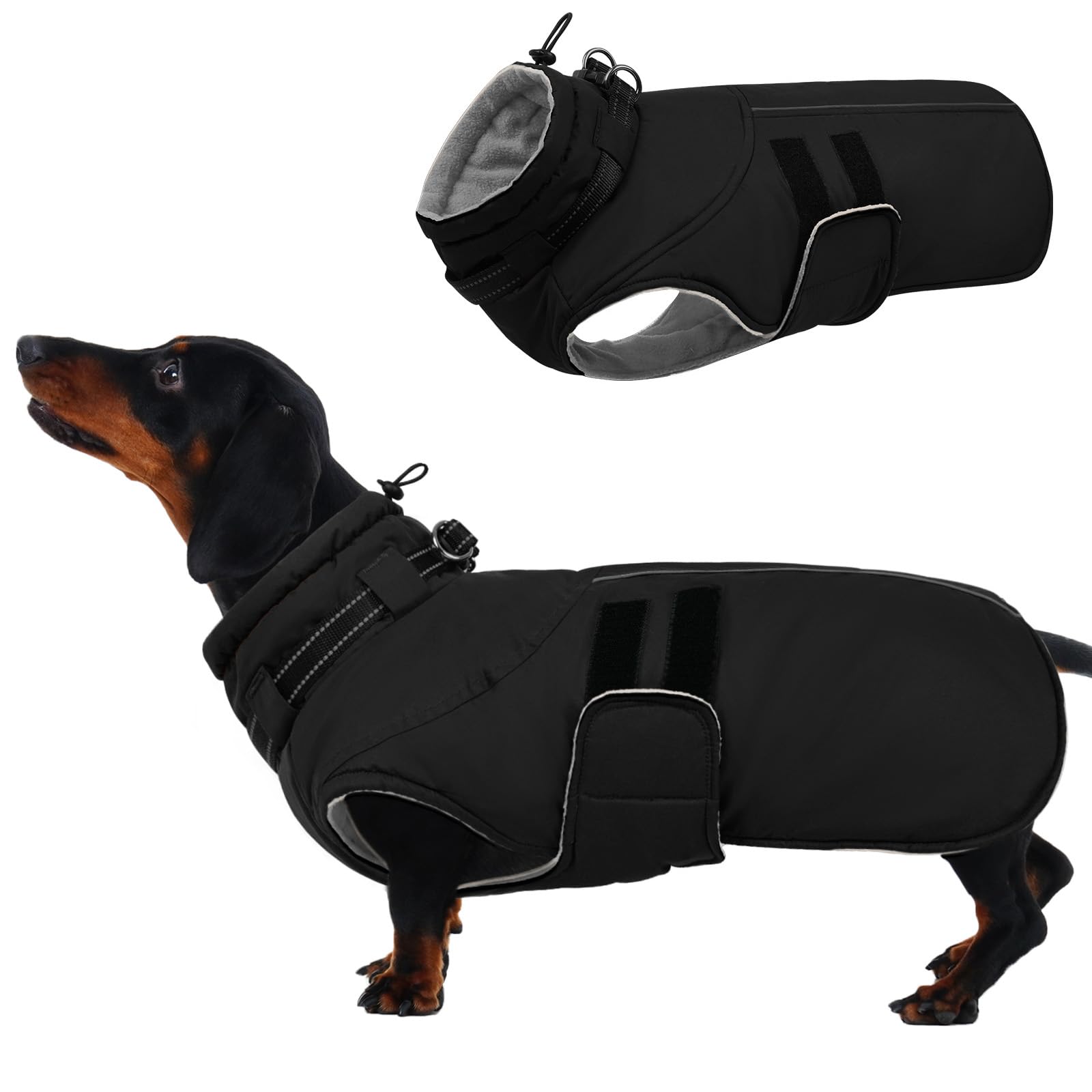 IECOii Dog Jackets for Medium Dogs,Waterproof Winter Coat with Harness,Reflective Adjustable Hook&Loop Warm Dog Snowsuit for Cold Weather,Fleece Turtleneck Winter Coat,Extra Warm Dog Coats,Black,M