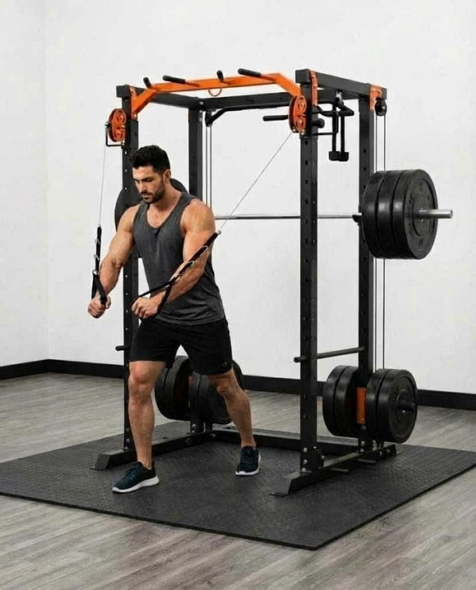 Power Cage with LAT Pulldown & Cable Crossover System, 2000LBS Multi-Functional Power Rack, All-in-1 Weight Cage Home Gym with Adjustable Pulley System, Squat Rack for Garage, Home