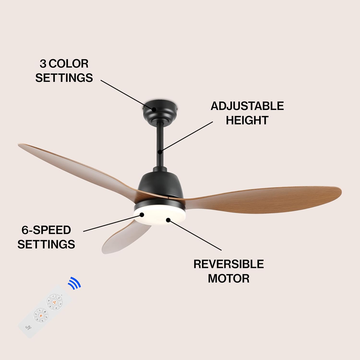 JONATHAN Y 52" Light Brown Wood Finish Propeller LED Ceiling Fan with Remote and App Control, 6-Speed Modern Industrial 3-Blade Fan with Frosted Acrylic Shade for Living Room, Bedroom, Office JYL9714D