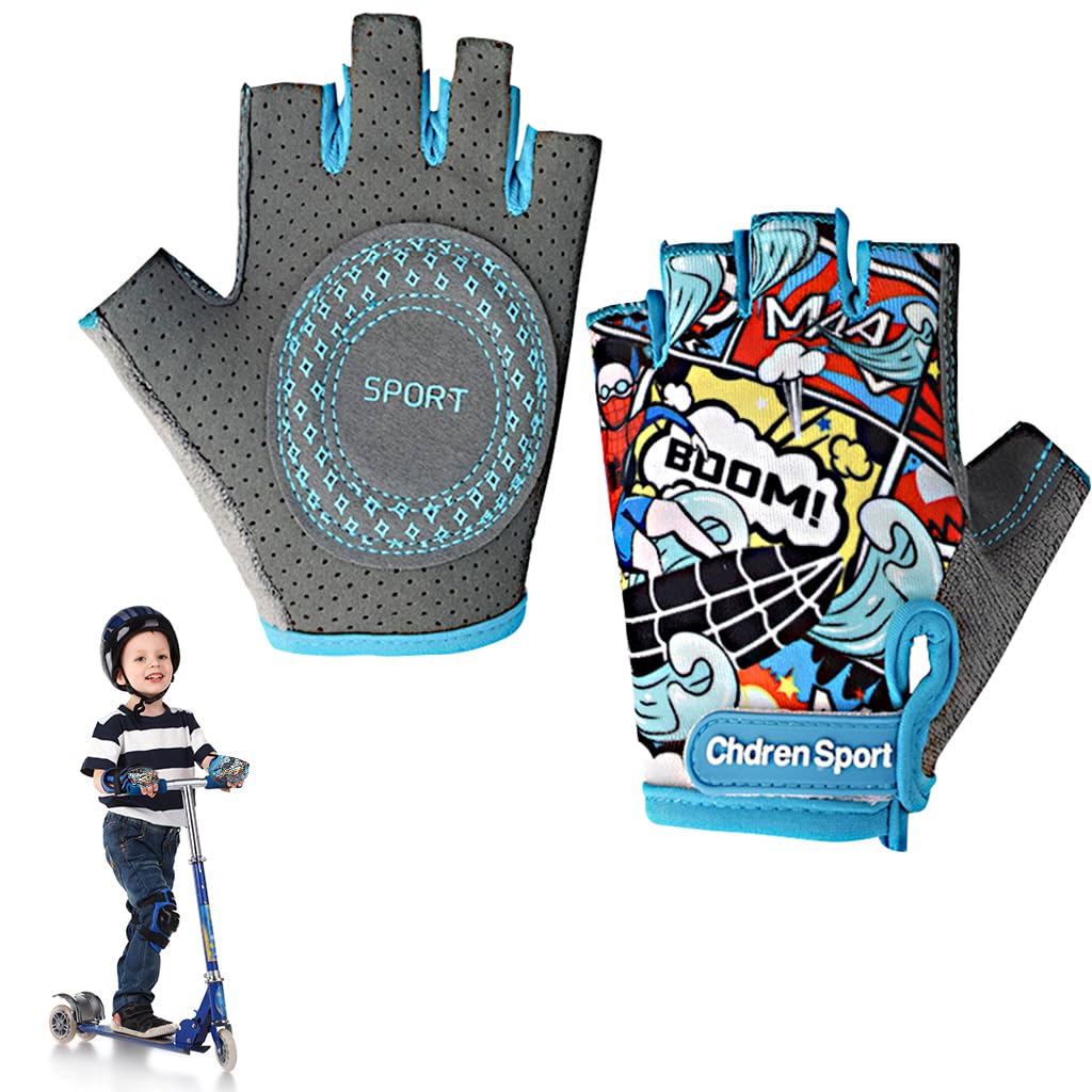 Proberos® Surfing Boy Kids Bike Gloves Size S for 4-8 Years Old, Anti-slip Breathable Fingerless Cartoon Print Riding Sport Gloves-image-48